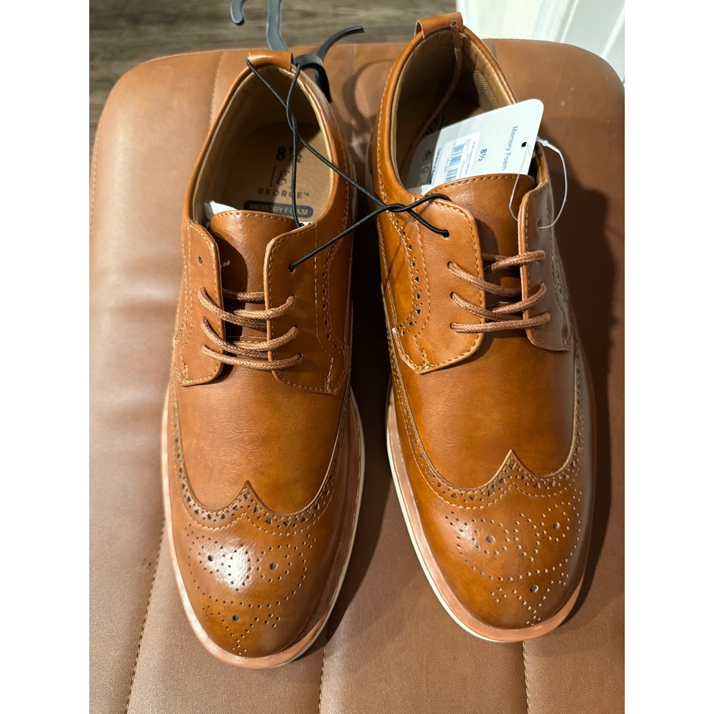 George Mens Wingtip Oxford Shoes Tan Brown Memory Foam Comfort Size 8.5 NEW